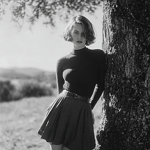 Vintage Black and White Photo of Young Woman by Tree