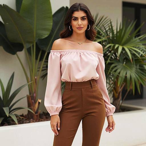 Stylish Woman in Off-Shoulder Pink Blouse and Brown High-Waisted Pants