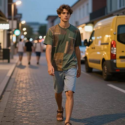 Young Man Walking on Urban Cobblestone Street at Dusk