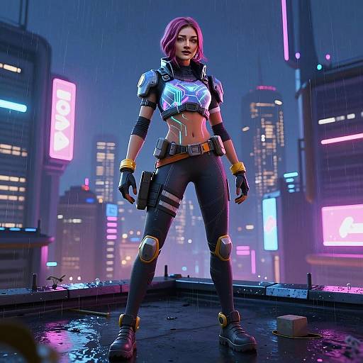 Cyberpunk Woman in Neon City with Pink Hair and High-Tech Armor