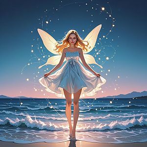 Young Woman with Glowing Wings by Ocean at Twilight