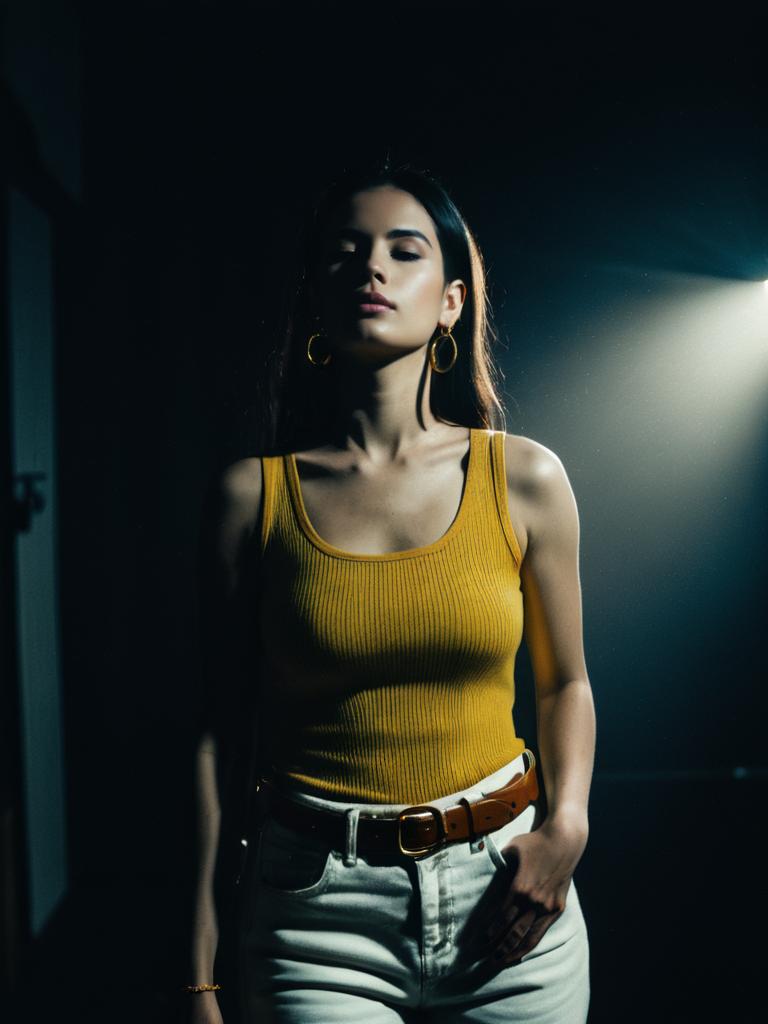 Woman in Casual Chic Mustard Yellow Ribbed Tank Top with Scoop Neckline