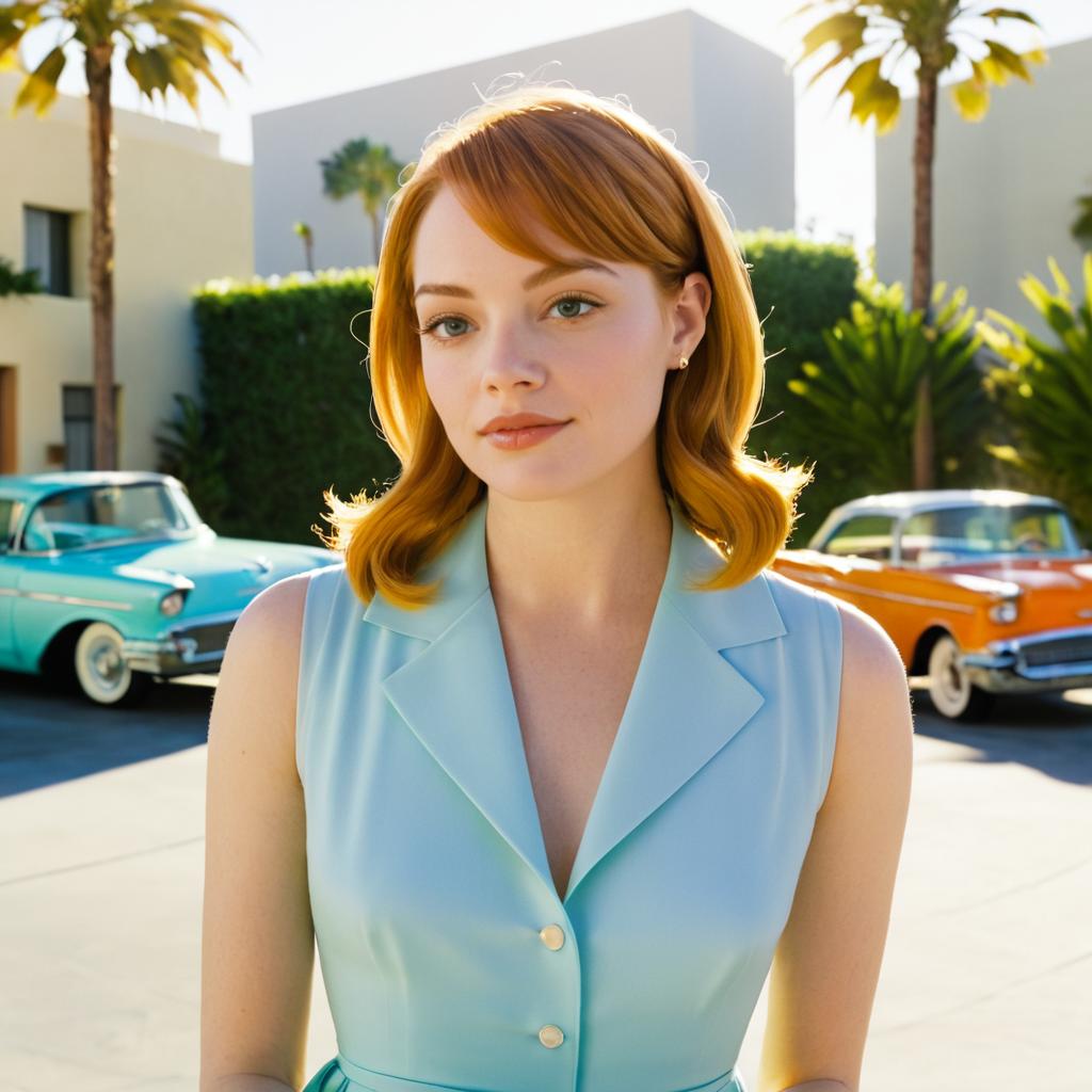 Stylish Woman in Pastel Blue with Vintage Cars