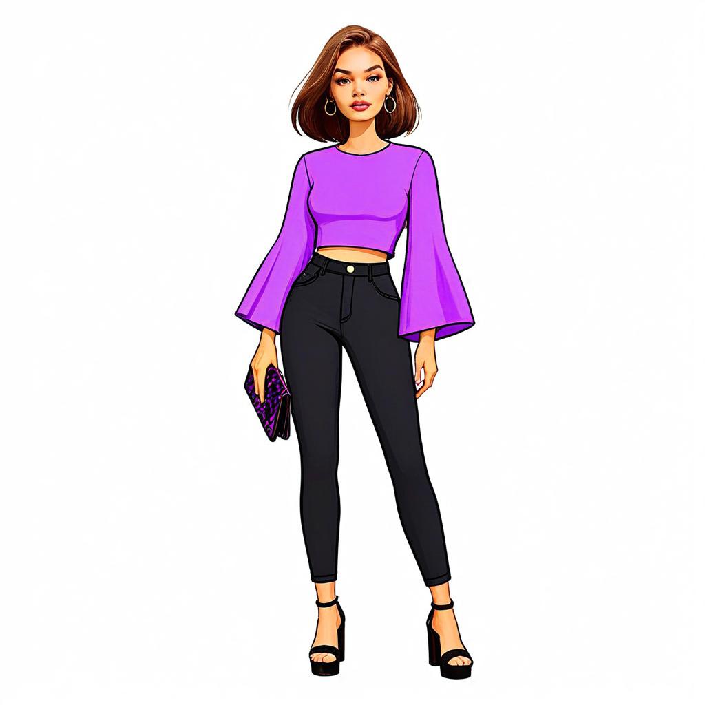 Contemporary Chic Woman with Pretty Hair in Purple Crop Top and Black Pants Illustration