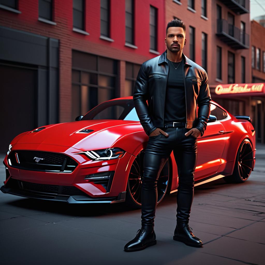 Confident Man Beside Red Sports Car