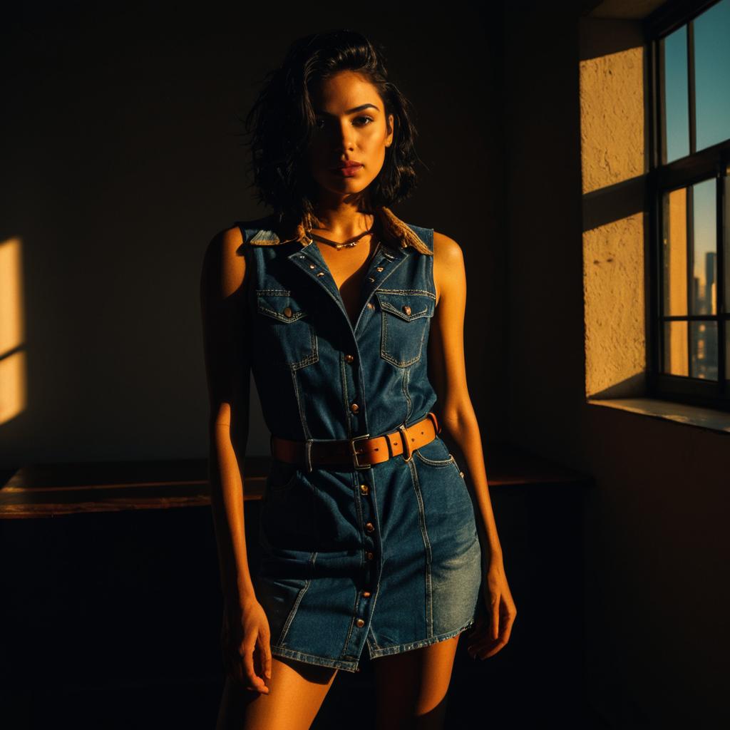 Woman in Stylish Denim Dress Bathed in Golden Hour Light