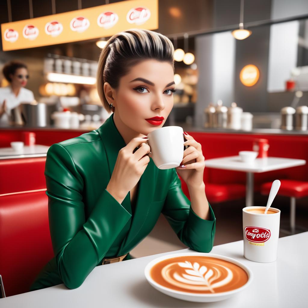 Woman in Green Blazer Sipping Coffee in Retro Diner