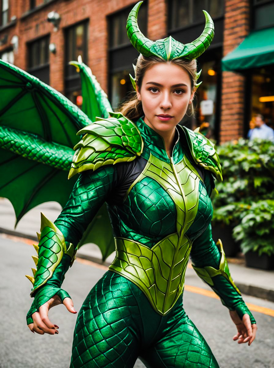 Woman in Vibrant Green Dragon Costume in Urban Setting