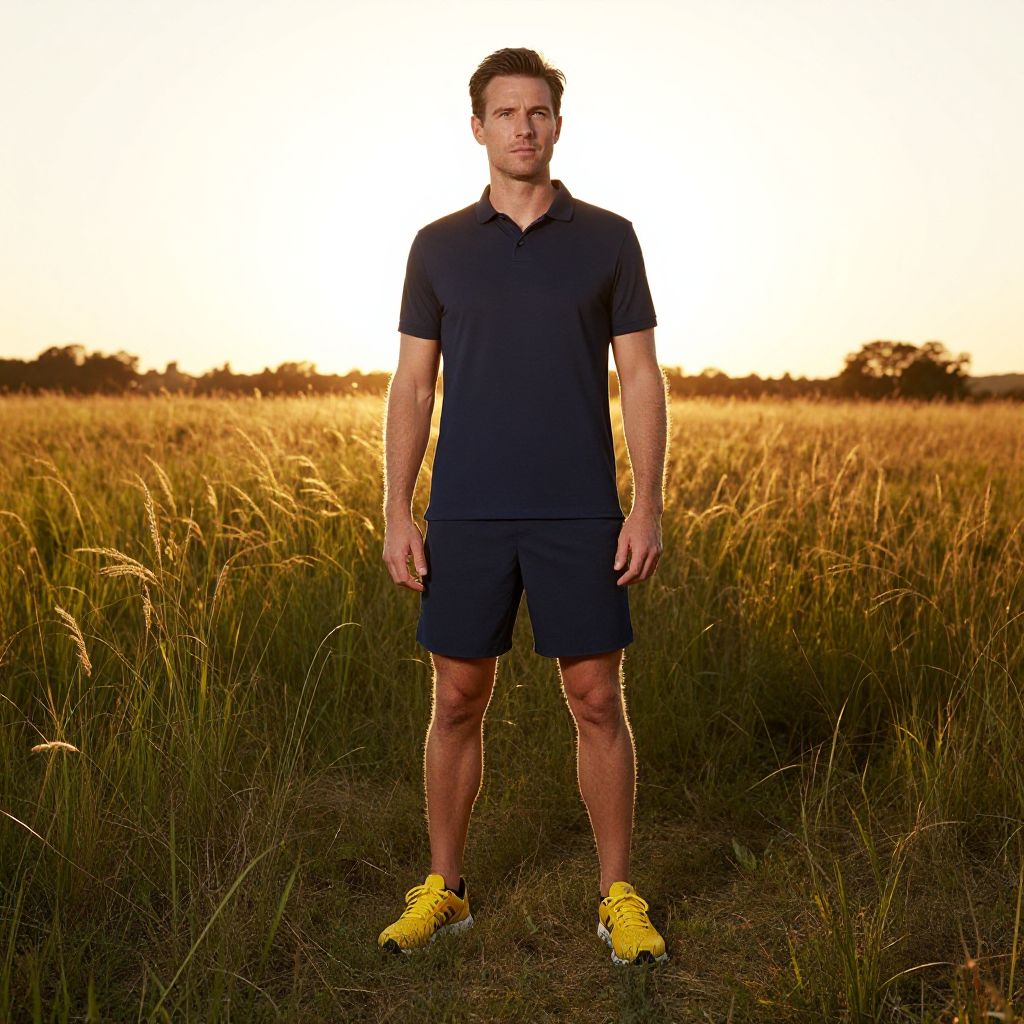 Man in Navy Polo and Shorts Standing in Field at Sunset with Yellow Sneakers