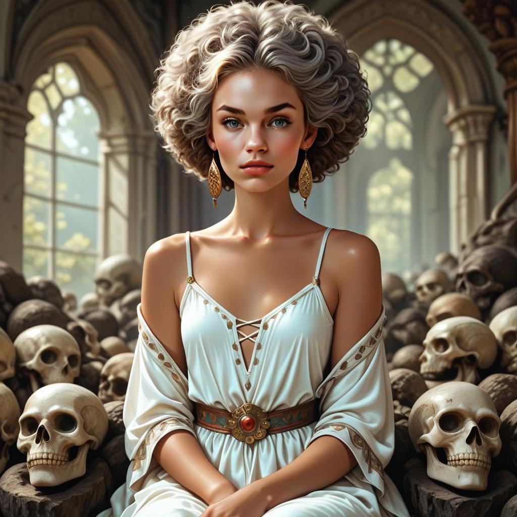 Young Woman in White Dress Among Skulls