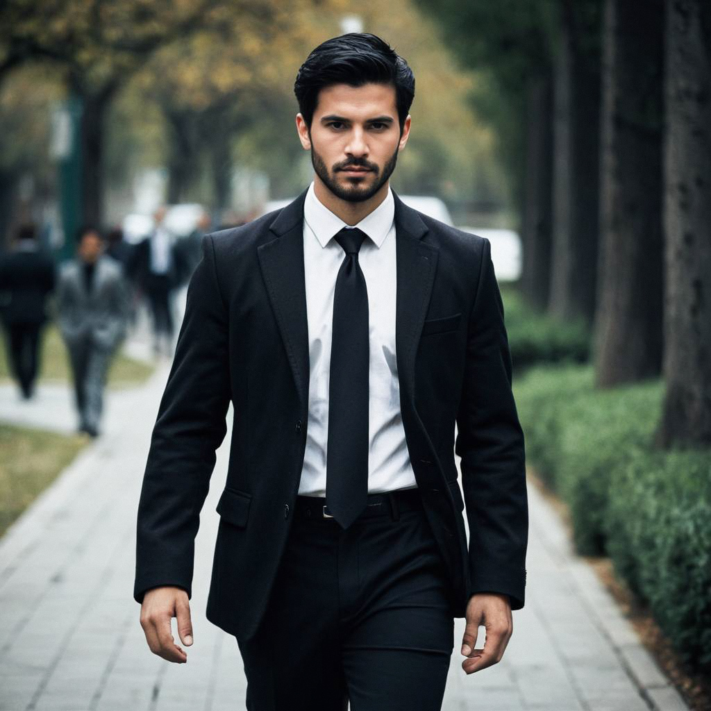 Confident Man in Black Blazer on Urban Path Confident Man in Black Blazer on Urban Path