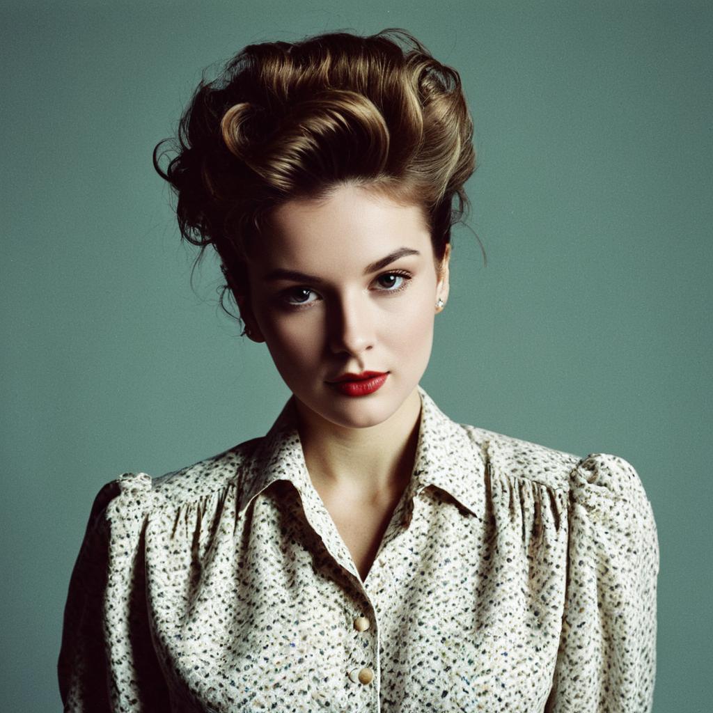 Vintage Style Portrait of Woman with Voluminous Hair and Floral Blouse