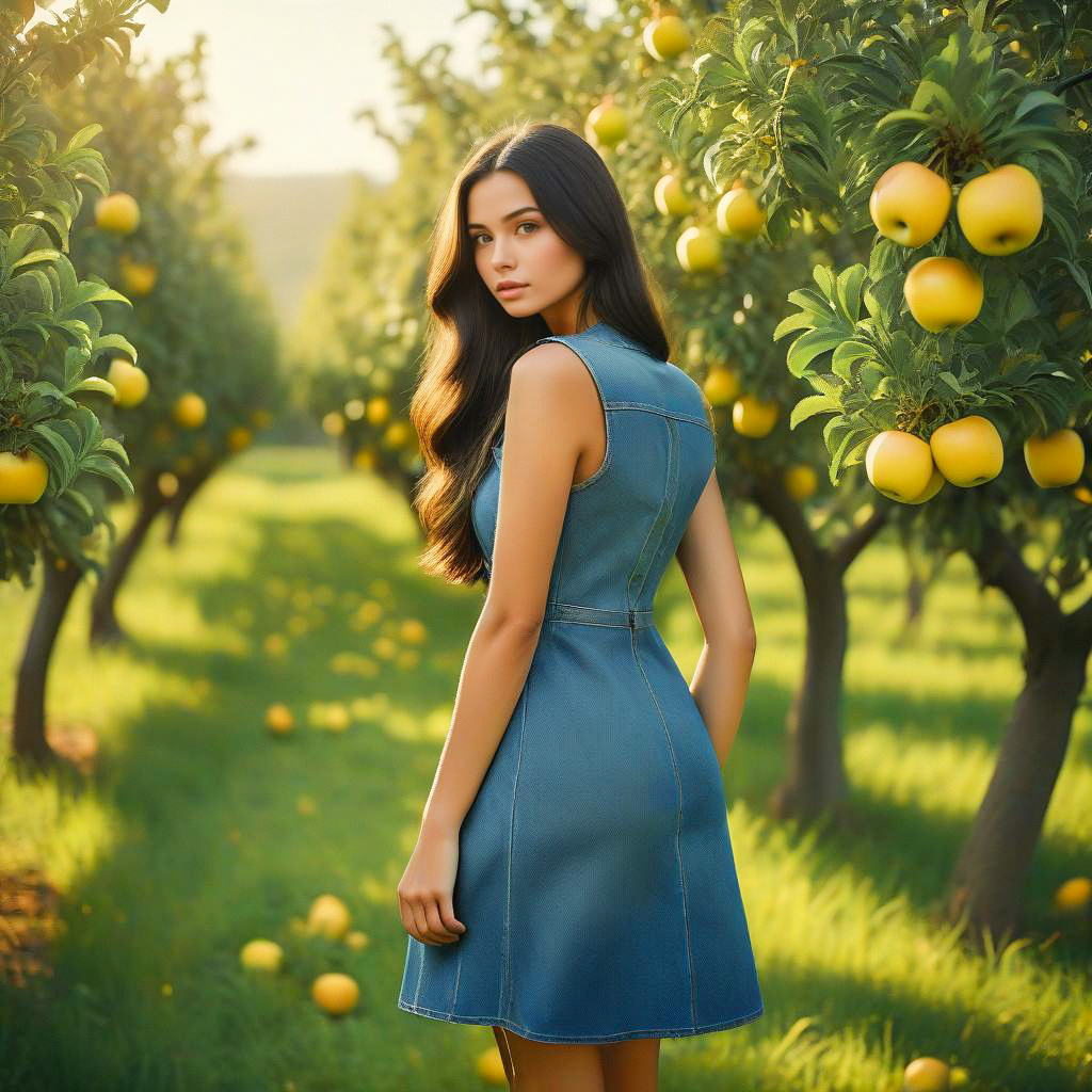 Woman in Denim Dress in Sunlit Orchard