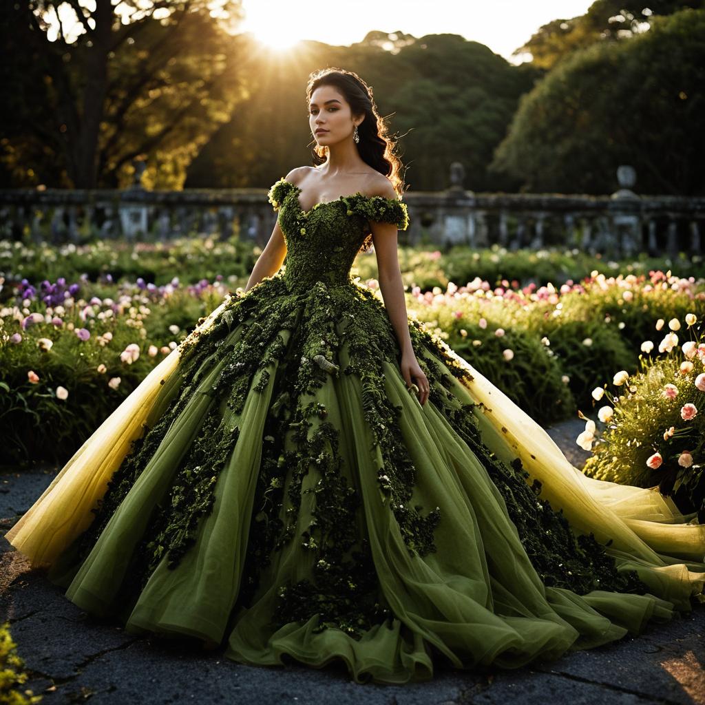 Latina Woman in Elegant Gown at Sunset in Garden