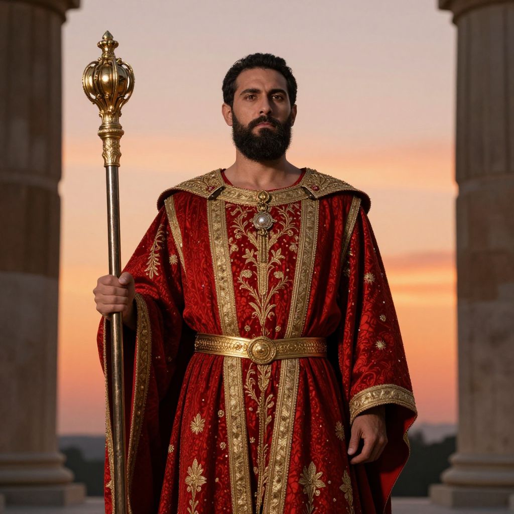 Man in Royal Red and Gold Ornate Costume Holding Golden Scepter