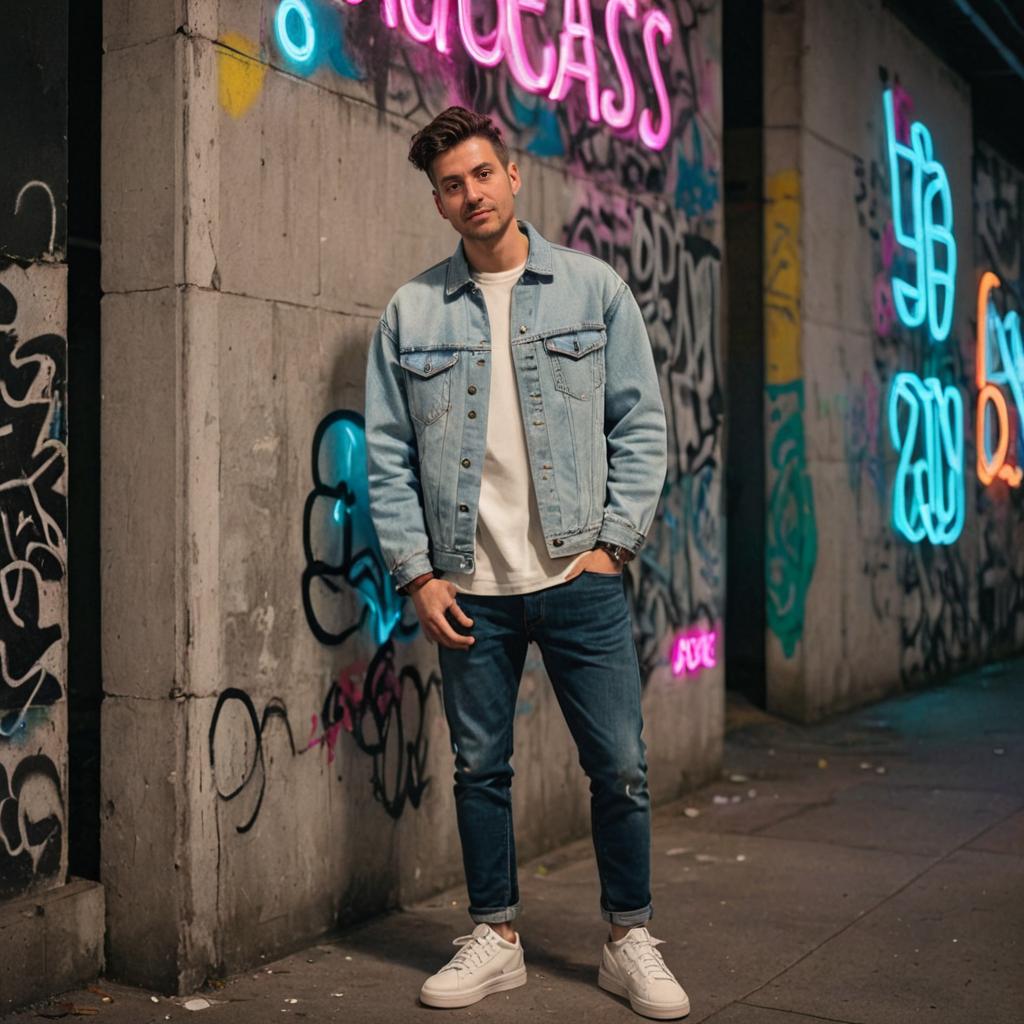 Stylish Man in Denim Jacket Against Graffiti Wall