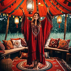Joyful Woman in Bohemian Outdoor Setting