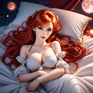 Anime Style Red-Haired Woman in Fantasy Gown Under Moonlit Sky