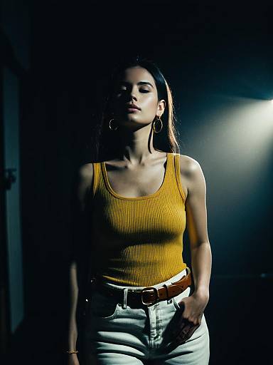 Woman in Casual Chic Mustard Yellow Ribbed Tank Top with Scoop Neckline