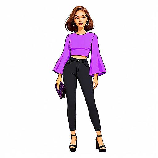 Contemporary Chic Woman with Pretty Hair in Purple Crop Top and Black Pants Illustration