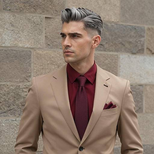 Stylish Man in Beige Suit with Burgundy Shirt and Silver Hair