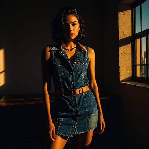 Woman in Stylish Denim Dress Bathed in Golden Hour Light