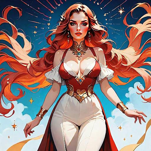 Fantasy Digital Art of Woman with Flowing Red Hair in Medieval-Inspired Costume