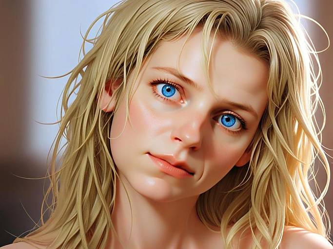 Hyper-Realistic Digital Portrait of Blonde Woman with Blue Eyes