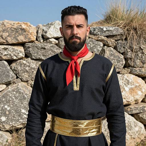 Man in Traditional Black Robe with Gold Trim and Red Neckerchief Outdoors