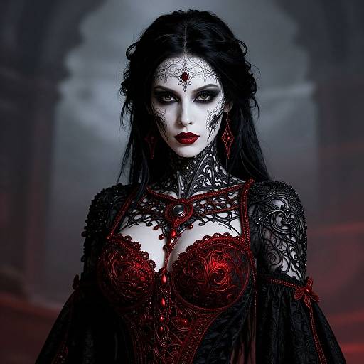 Gothic Woman in Elaborate Red and Black Costume with Intricate Face Paint