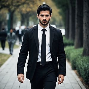 Confident Man in Black Blazer on Urban Path