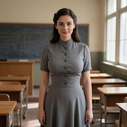 Young Woman in Vintage Grey Dress Standing in Classic Classroom