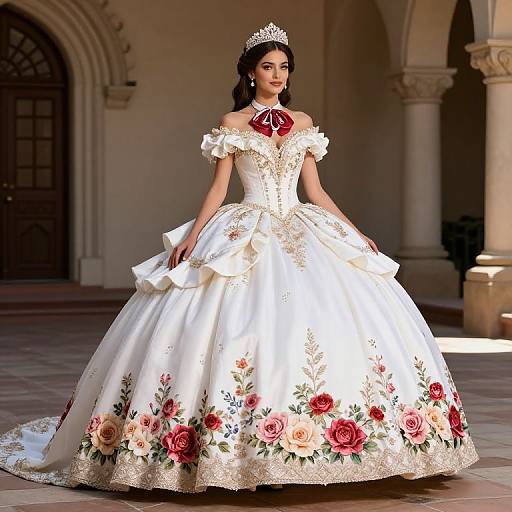 Elegant Woman in Floral Embroidered Ball Gown with Tiara