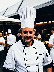 Man in Chef Costume Candid Festival Portrait with Cinematic Tones