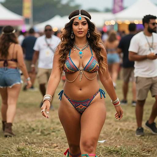 Young Woman in Bohemian Bikini at Outdoor Festival