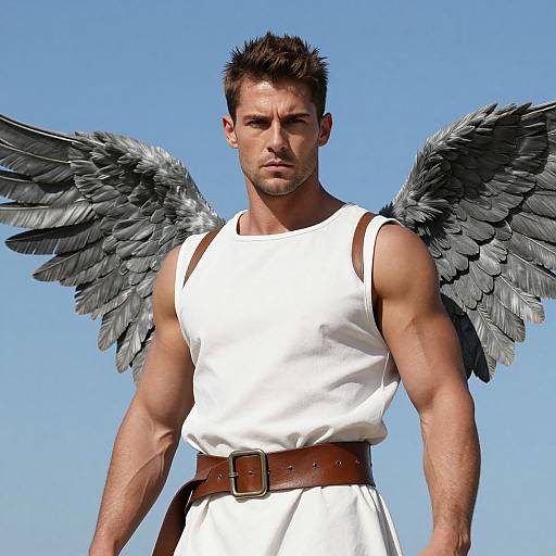 Man with Angel Wings Wearing White Tunic and Brown Belt