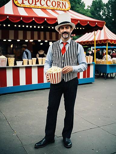 Man in Circus Popcorn Seller Costume with Top Hat Holding Popcorn