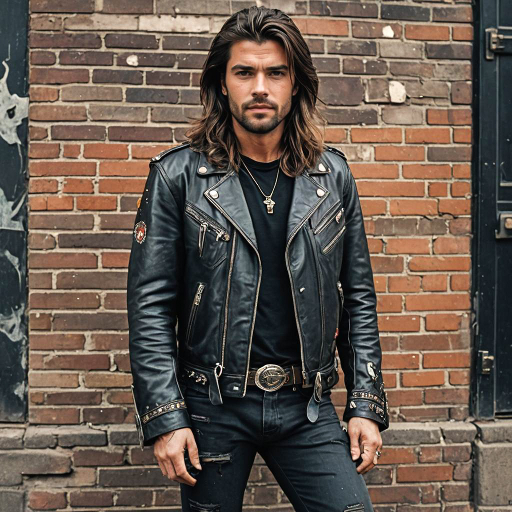 Rugged Man in Leather Jacket Against Brick Wall