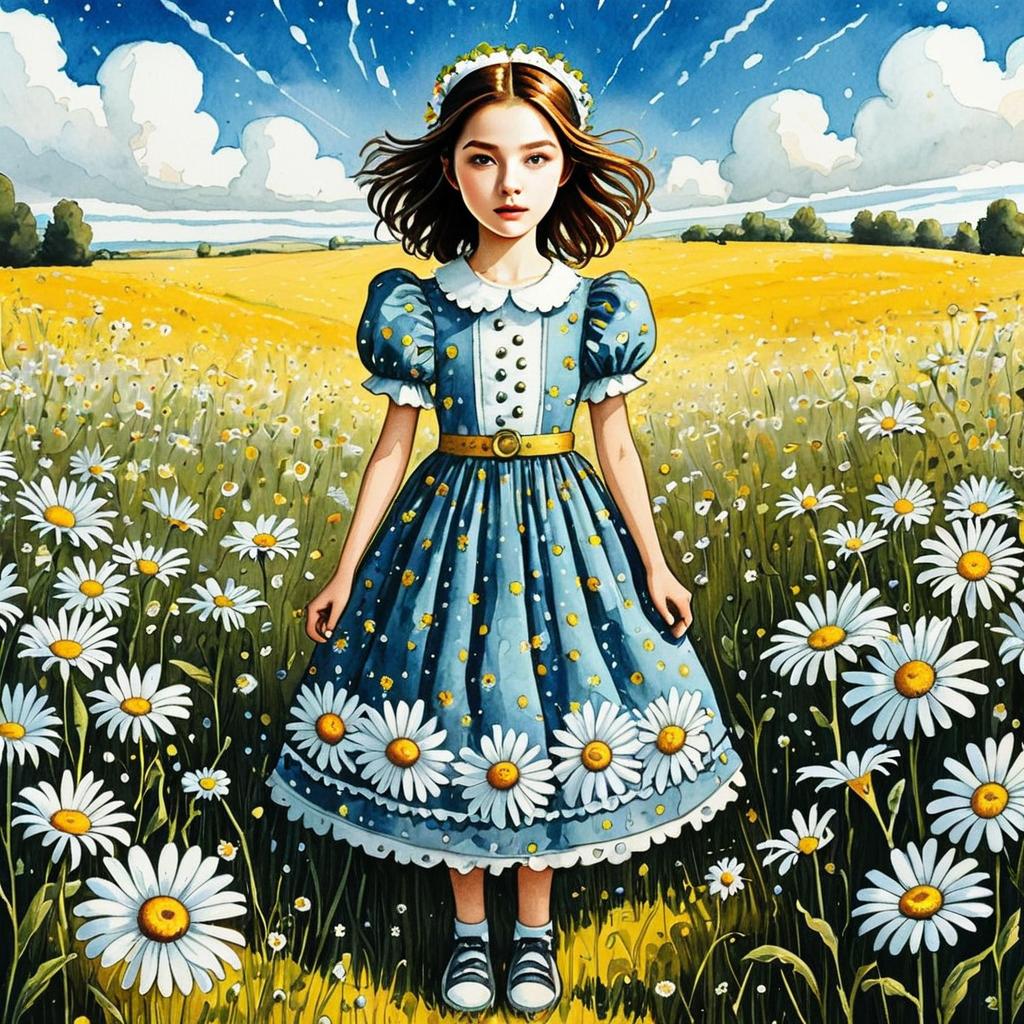 Young Girl in Vintage Dress Standing Among Daisy Flowers in a Bright Field