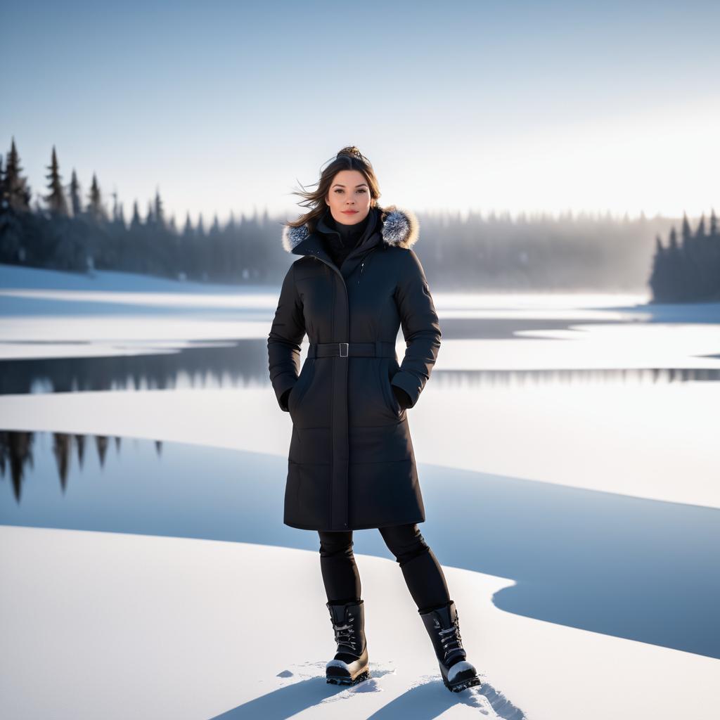 Confident Woman in Stylish Winter Coat by Frozen Lake