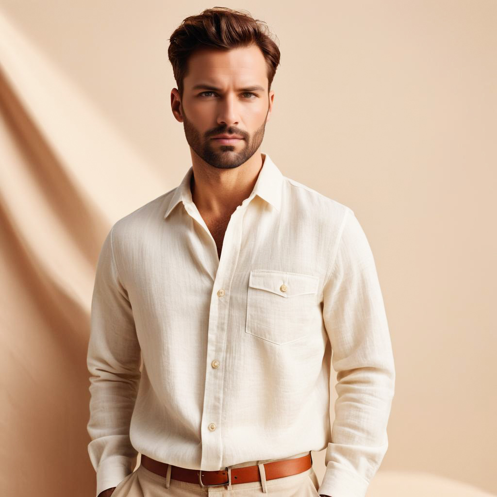 Stylish Man in Cream Shirt Against Beige Background