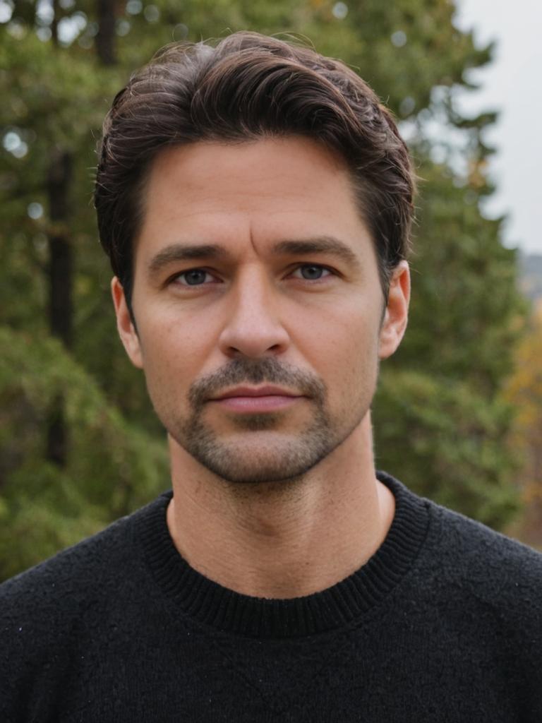 Thoughtful man in black sweater with nature backdrop