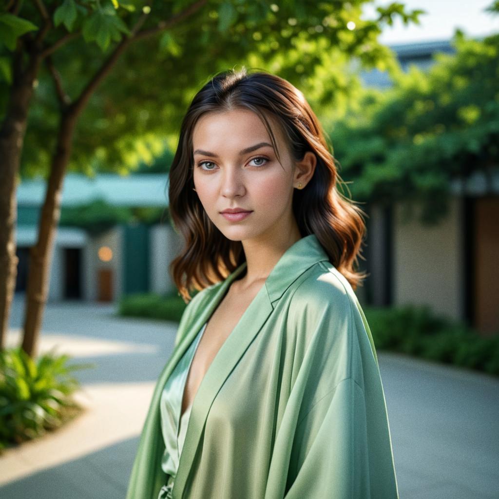 Elegant Woman in Green Robe Surrounded by Nature