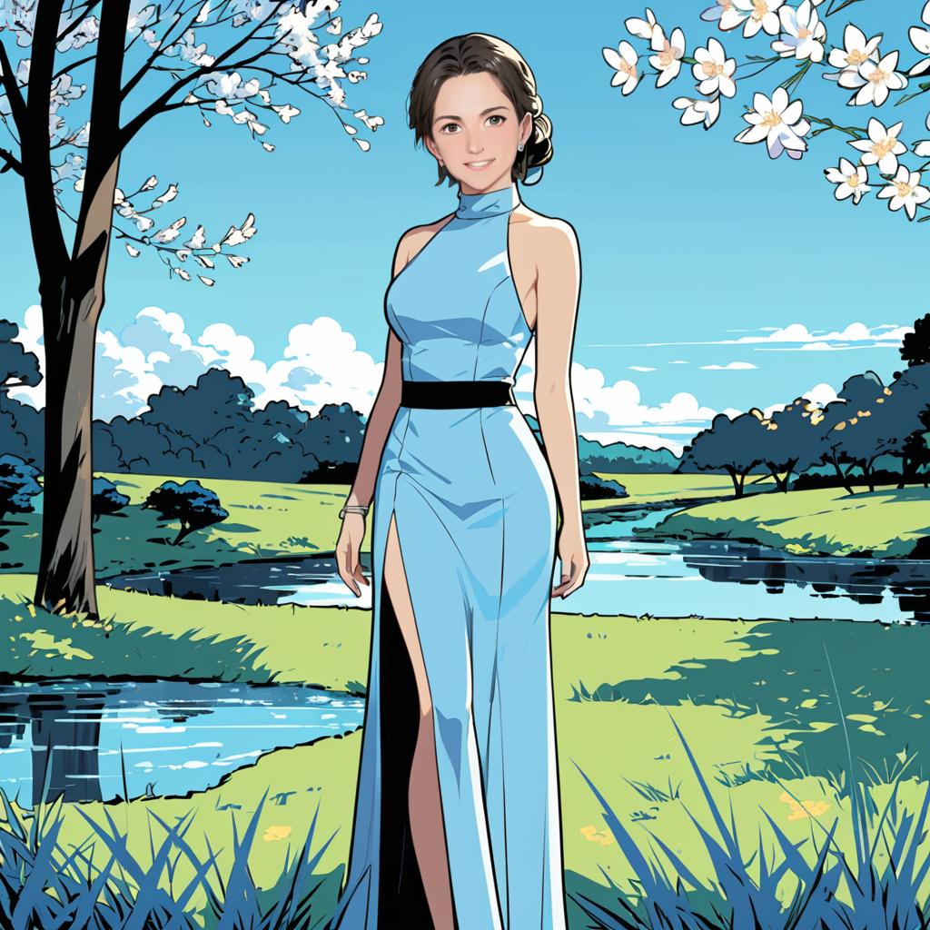 Anime Woman in Elegant Blue Dress by River