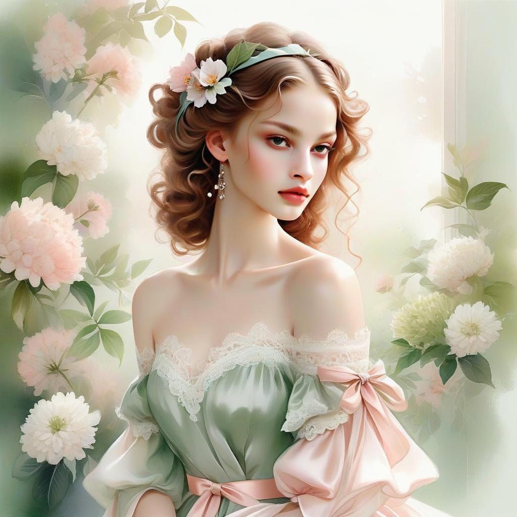 Young Woman in Pastel Green Dress with Flowers Young Woman in Pastel Green Dress with Flowers
