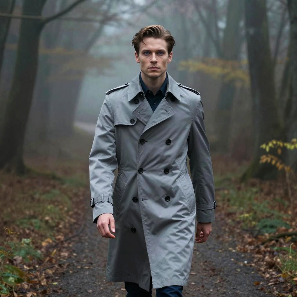 Stylish Young Man in Gray Trench Coat Walking Through Misty Forest Path