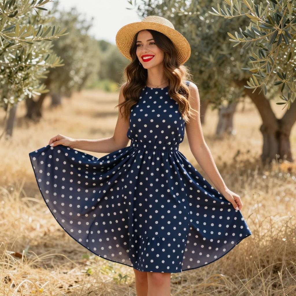 Woman in Navy Blue Polka Dot Dress and Straw Hat in Olive Grove