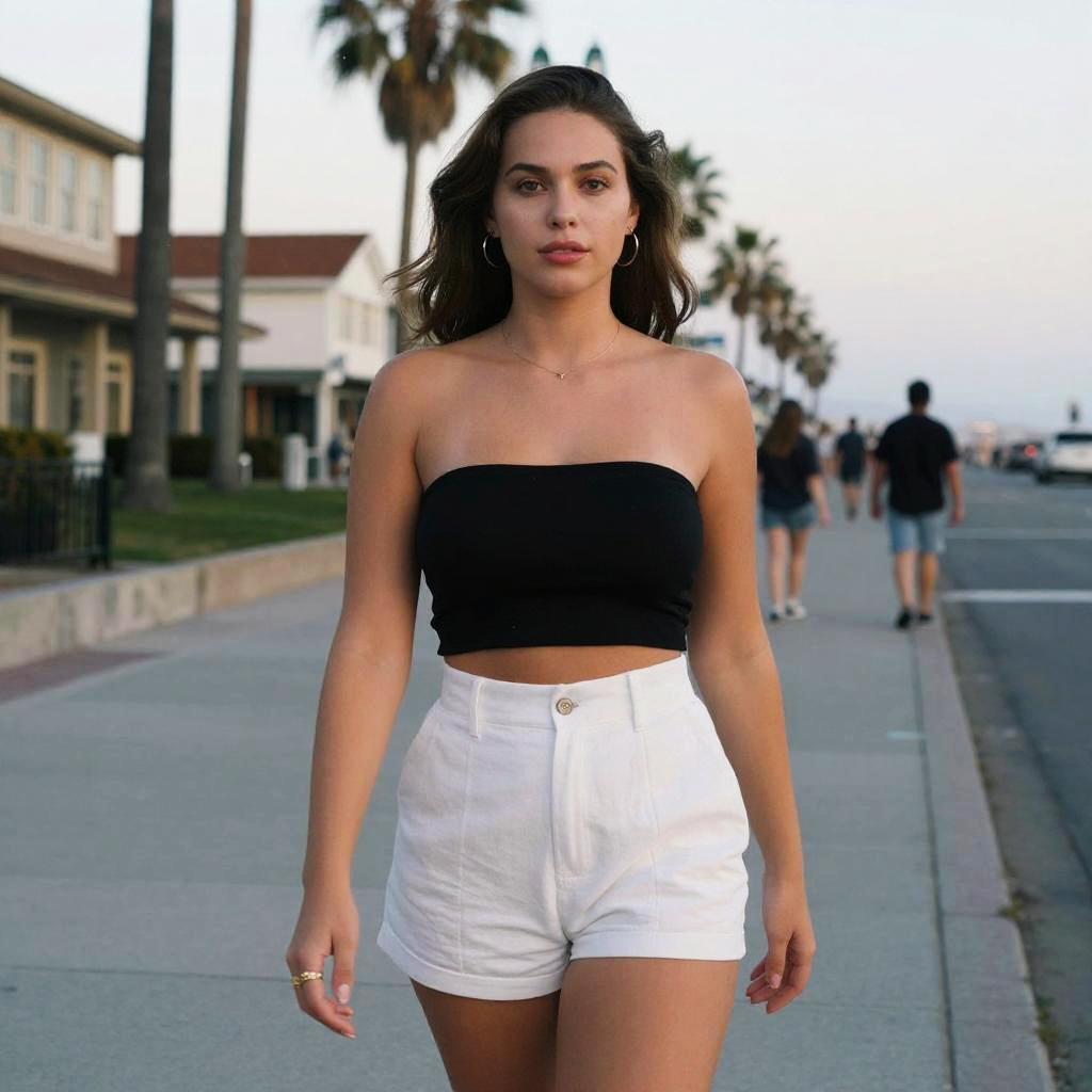 A Woman Wearing Strapless Black Crop Top and White Shorts in Oversaturated Film Style