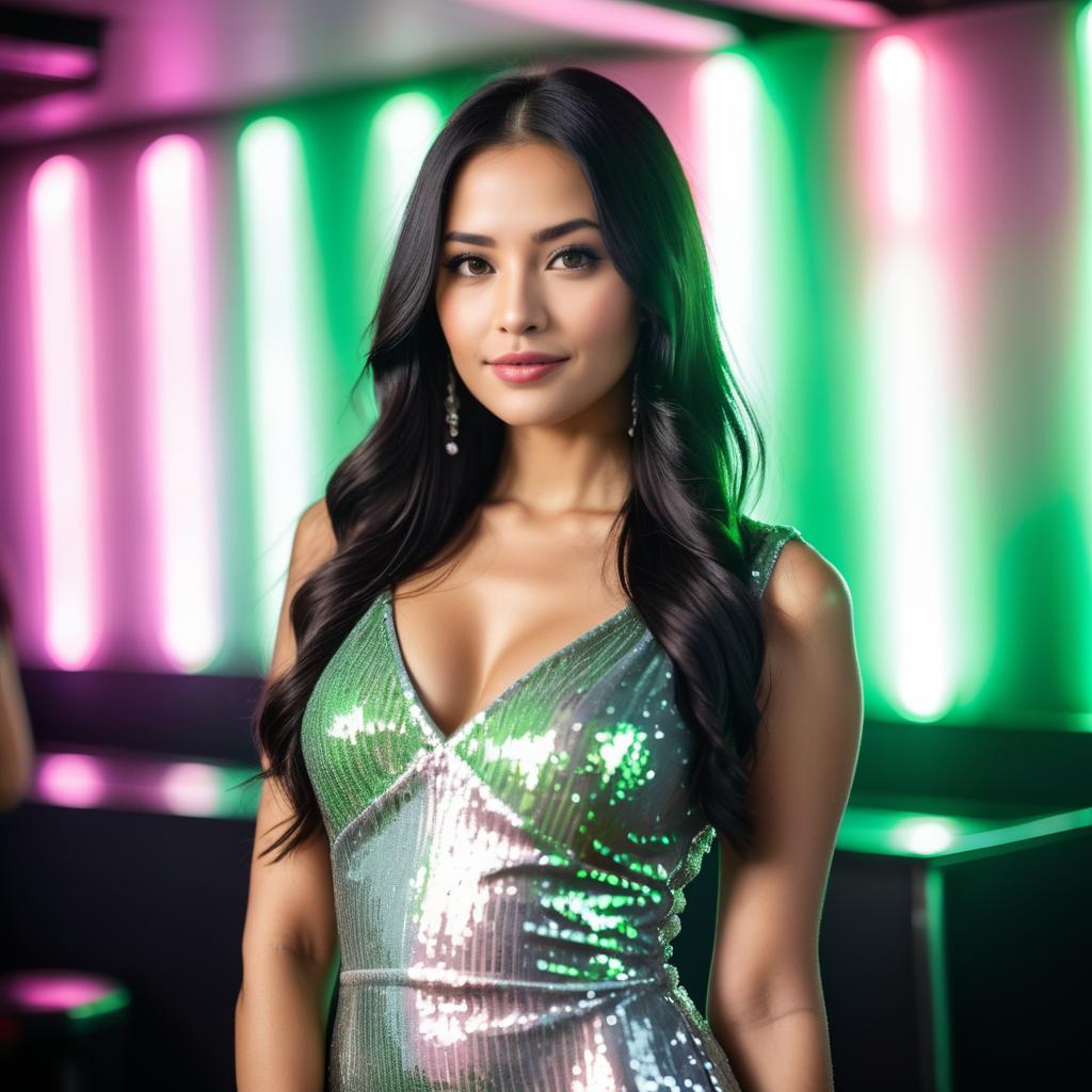 Glamorous Woman in Green Sequin Dress with Neon Lights