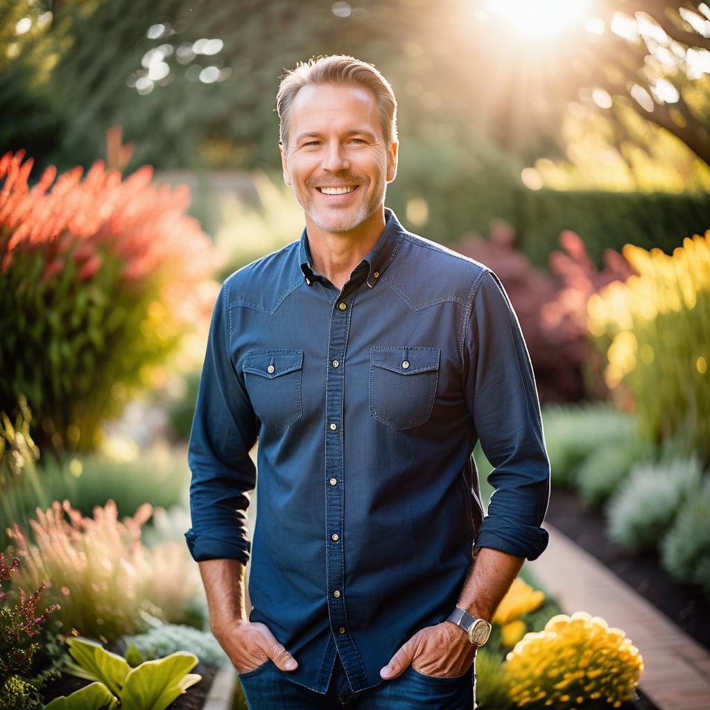 Confident man in sunlit garden Confident man in sunlit garden